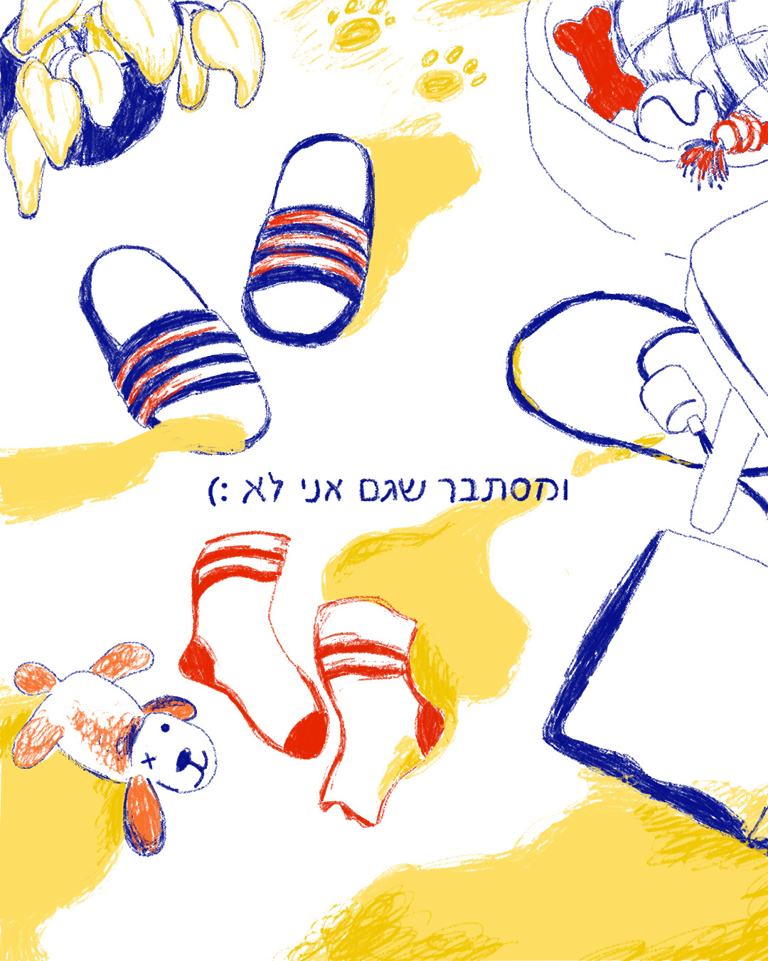Slippers, socks and a chewed toy scattered on the floor