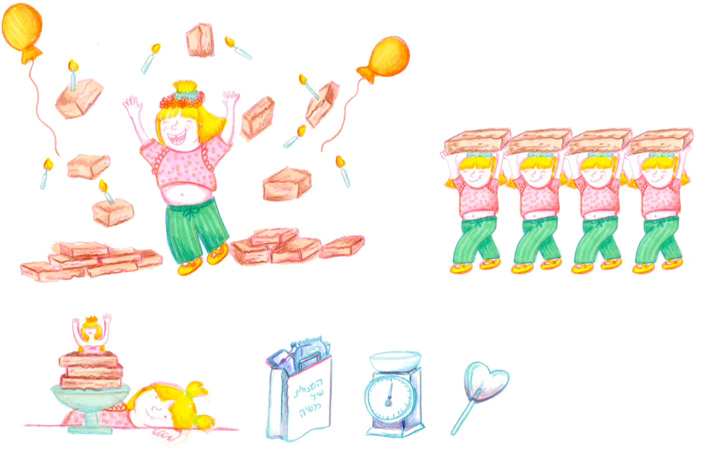Illustrations of a girl celebrating with brownies, balloons and candles