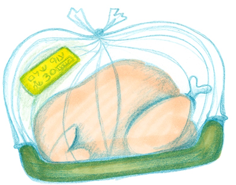 A supermarket chicken wrapped in a plastic bag