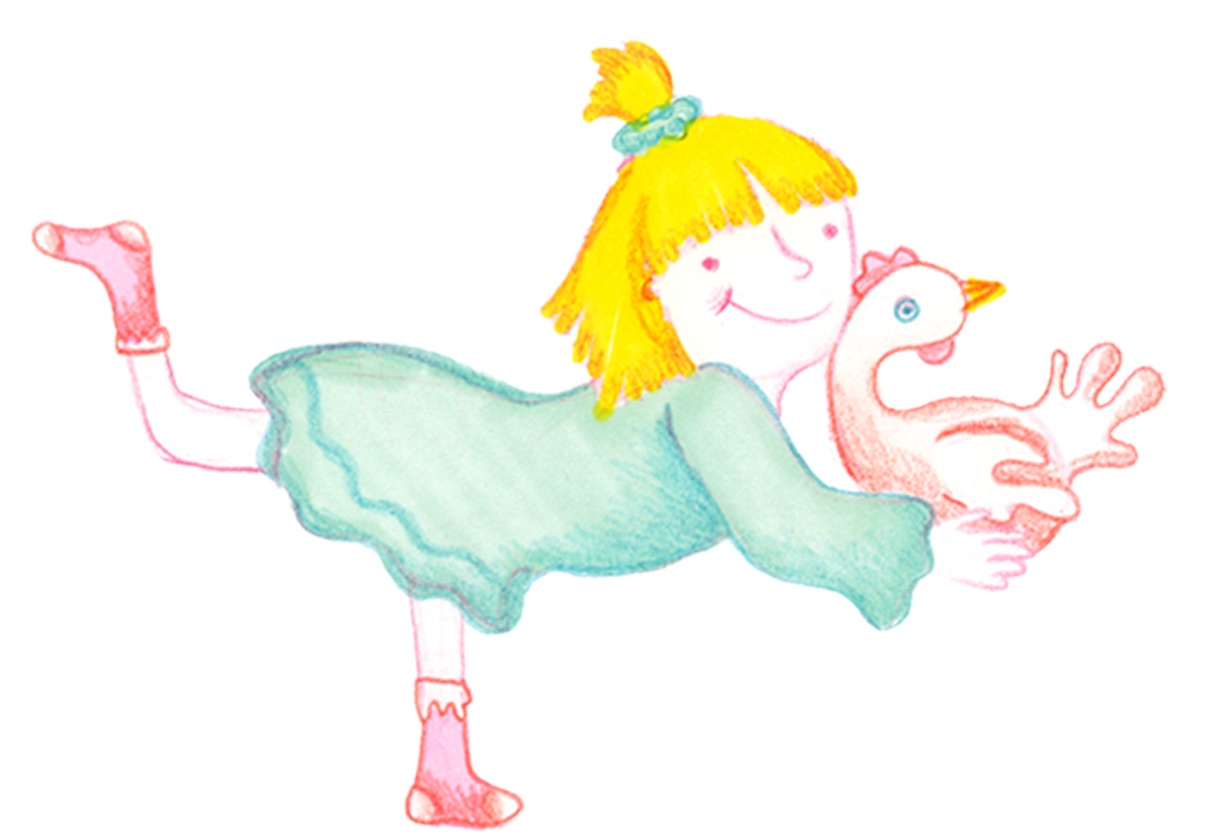 A girl flying while hugging a chicken