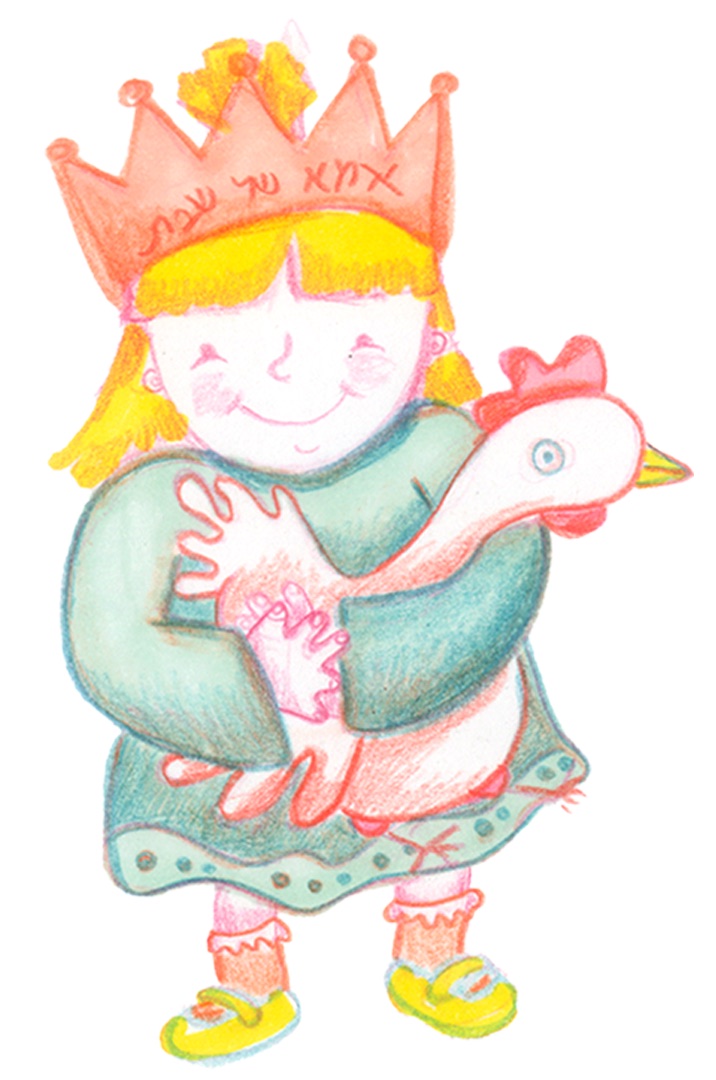 A girl in a crown hugging a chicken