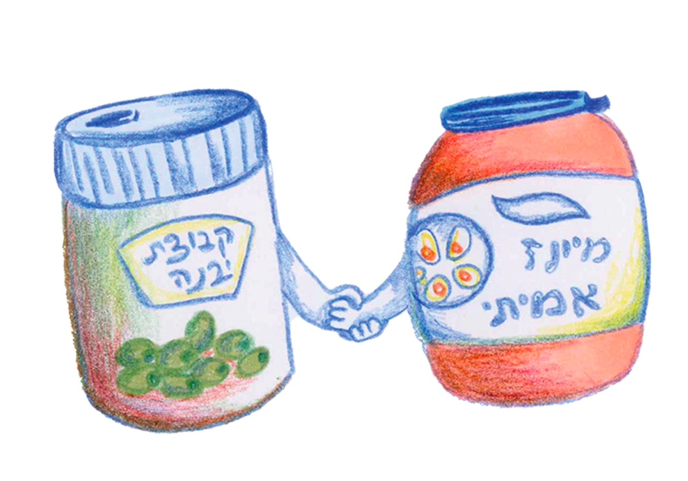 Two jars, pickled cucumbers and mayonnaise, holding hands