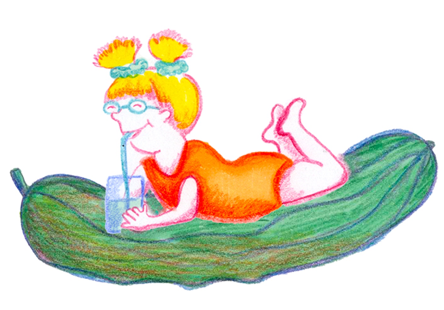 A girl lying on a pickle, drinking through a straw