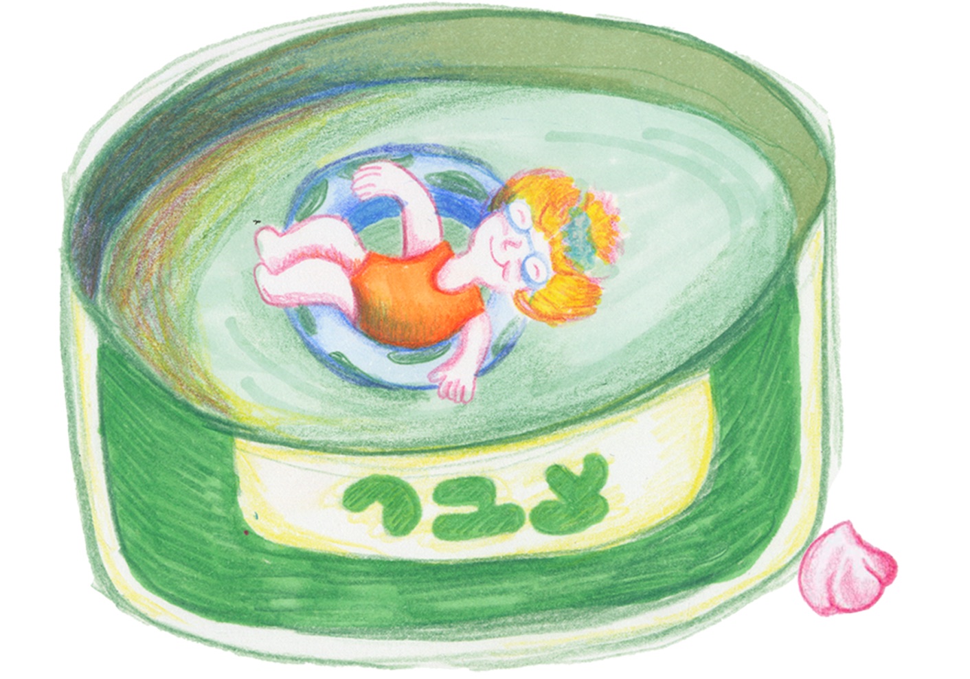 A girl floating on a swim ring in a tub of cheese