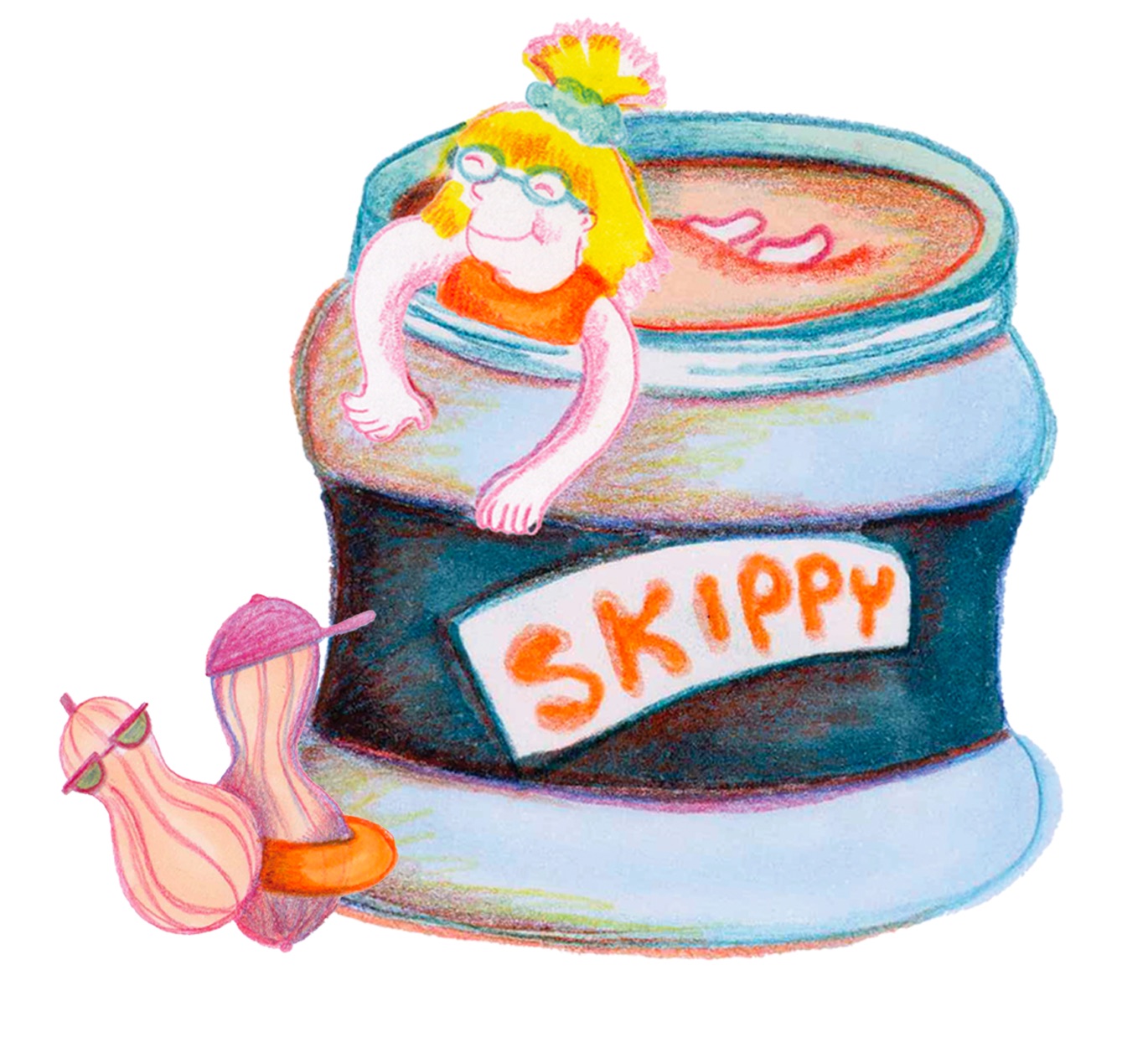 A girl climbing out of a Skippy peanut butter jar