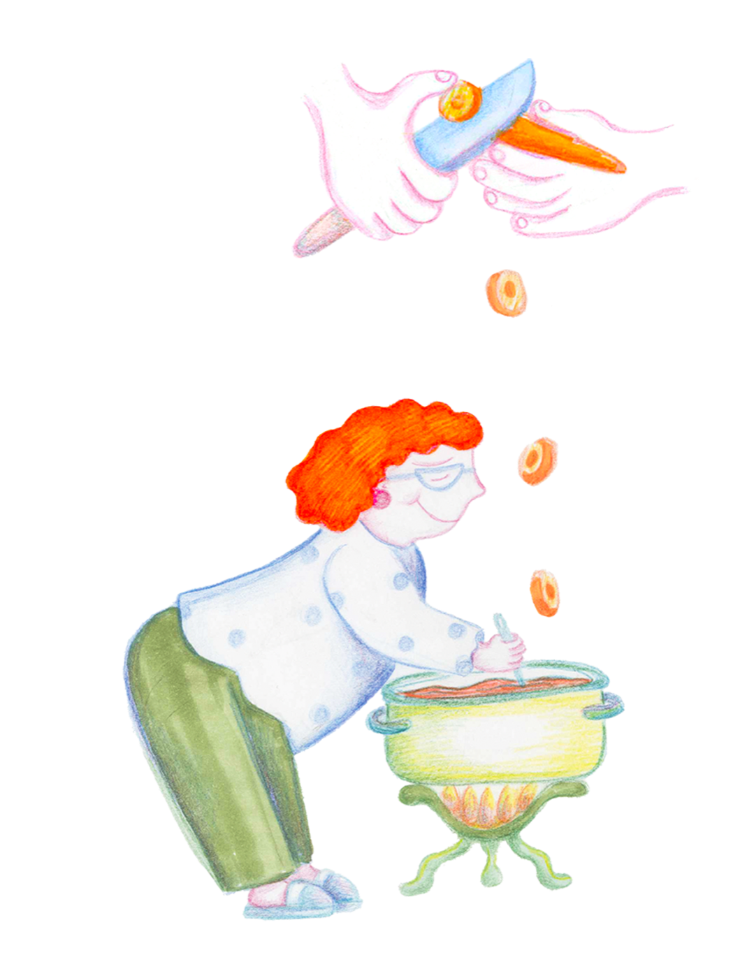 A mother stirring a pot of soup while carrot slices fall in from above
