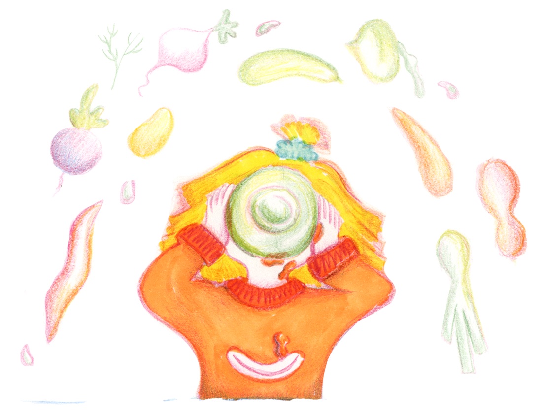 A girl holding a bowl on her head, surrounded by flying vegetables