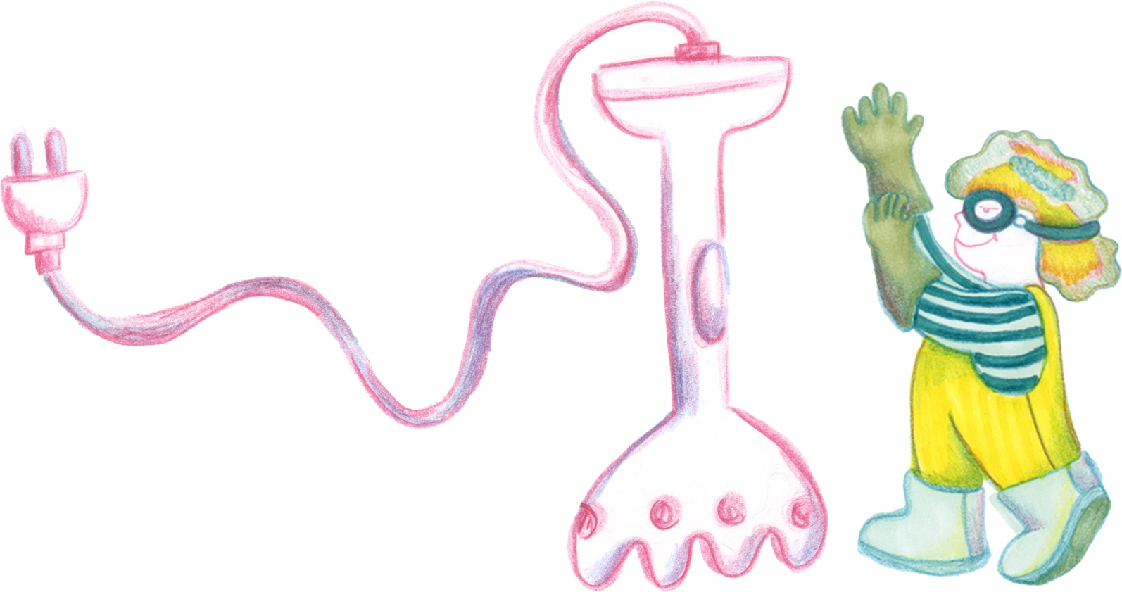 A hand blender and a child in a striped shirt waving