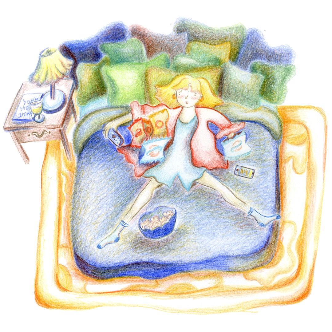 Illustration of a woman sprawled on a bed with snacks and a phone