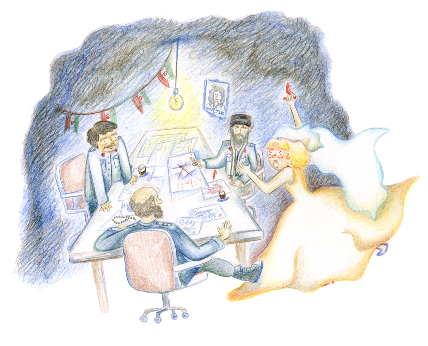 Illustration of people around a table in a cave, with a bride in a glowing dress