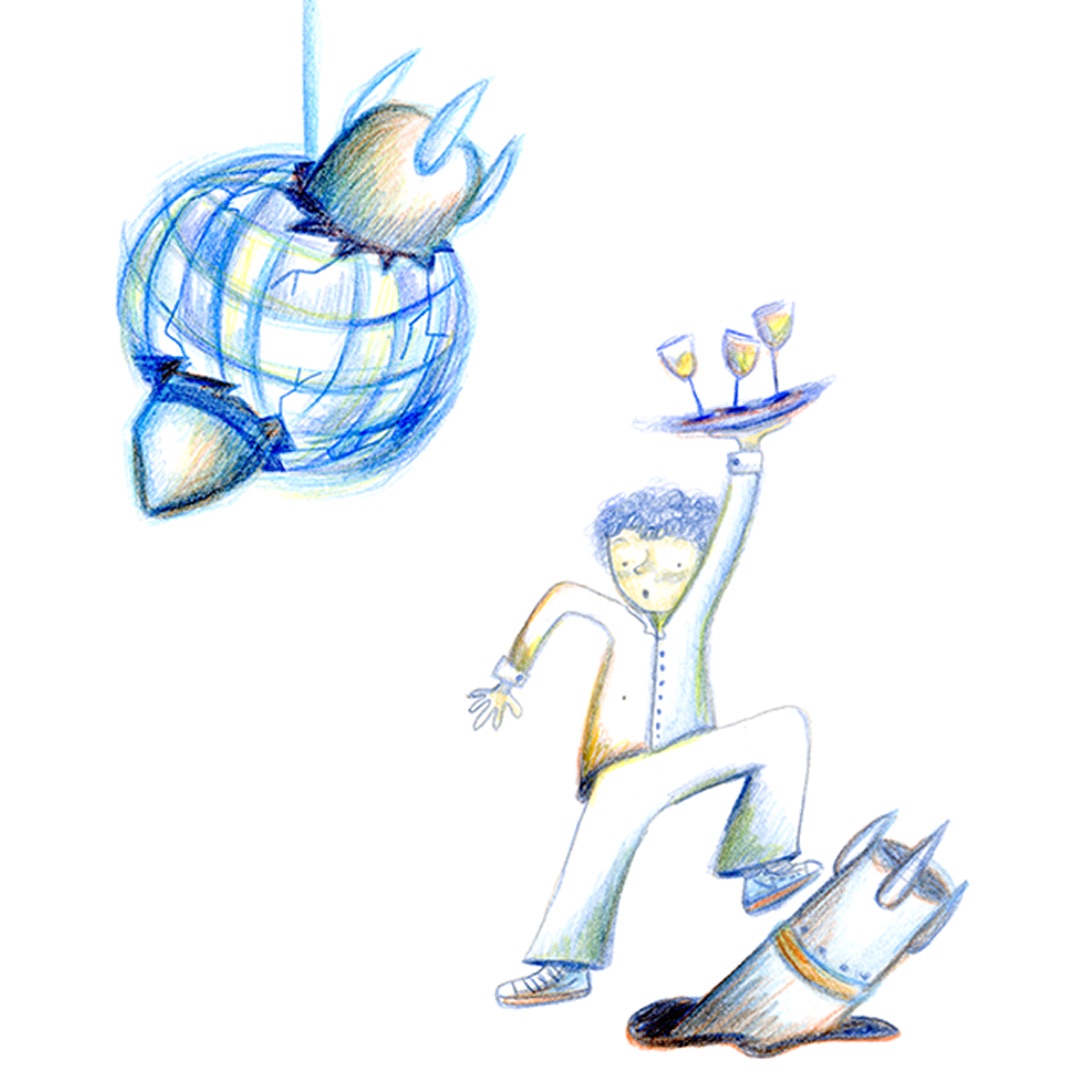 Illustration of a disco ball and a dancing waiter holding glasses
