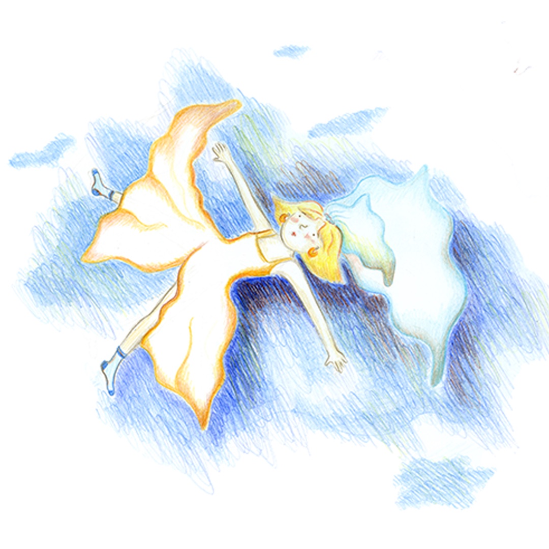 Illustration of a bride floating among blue clouds