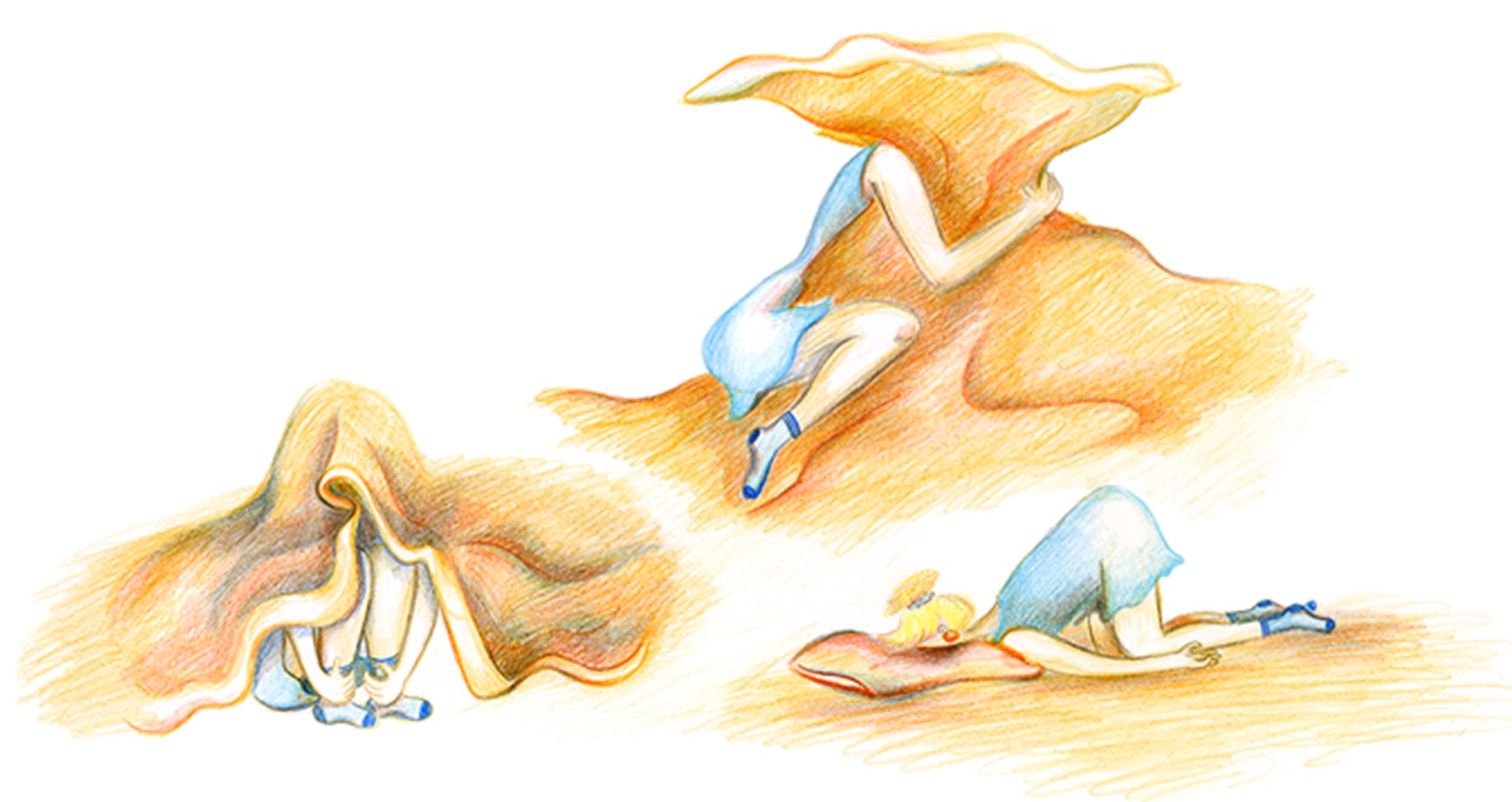 Illustration of figures folded in and lying on orange sand