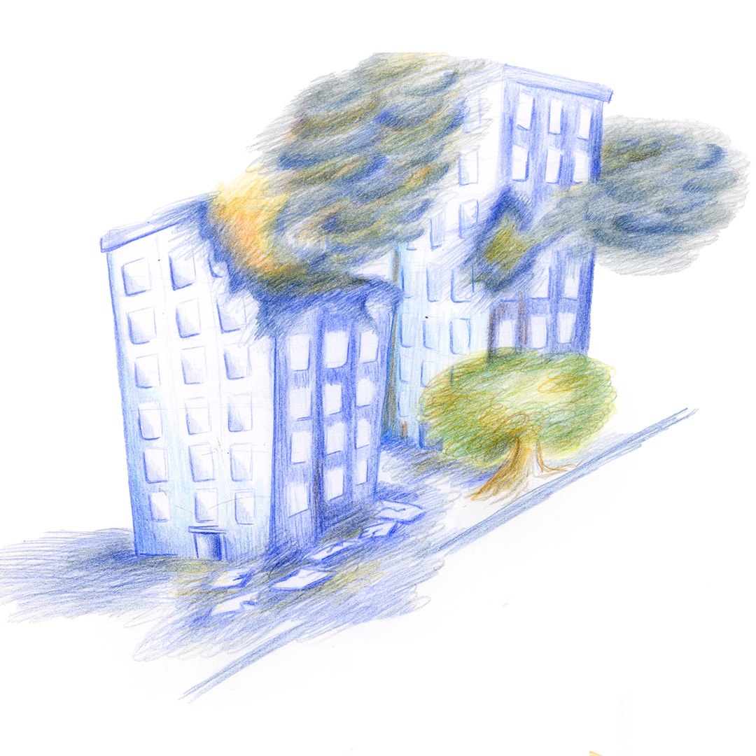 Illustration of apartment buildings with smoke and a tree