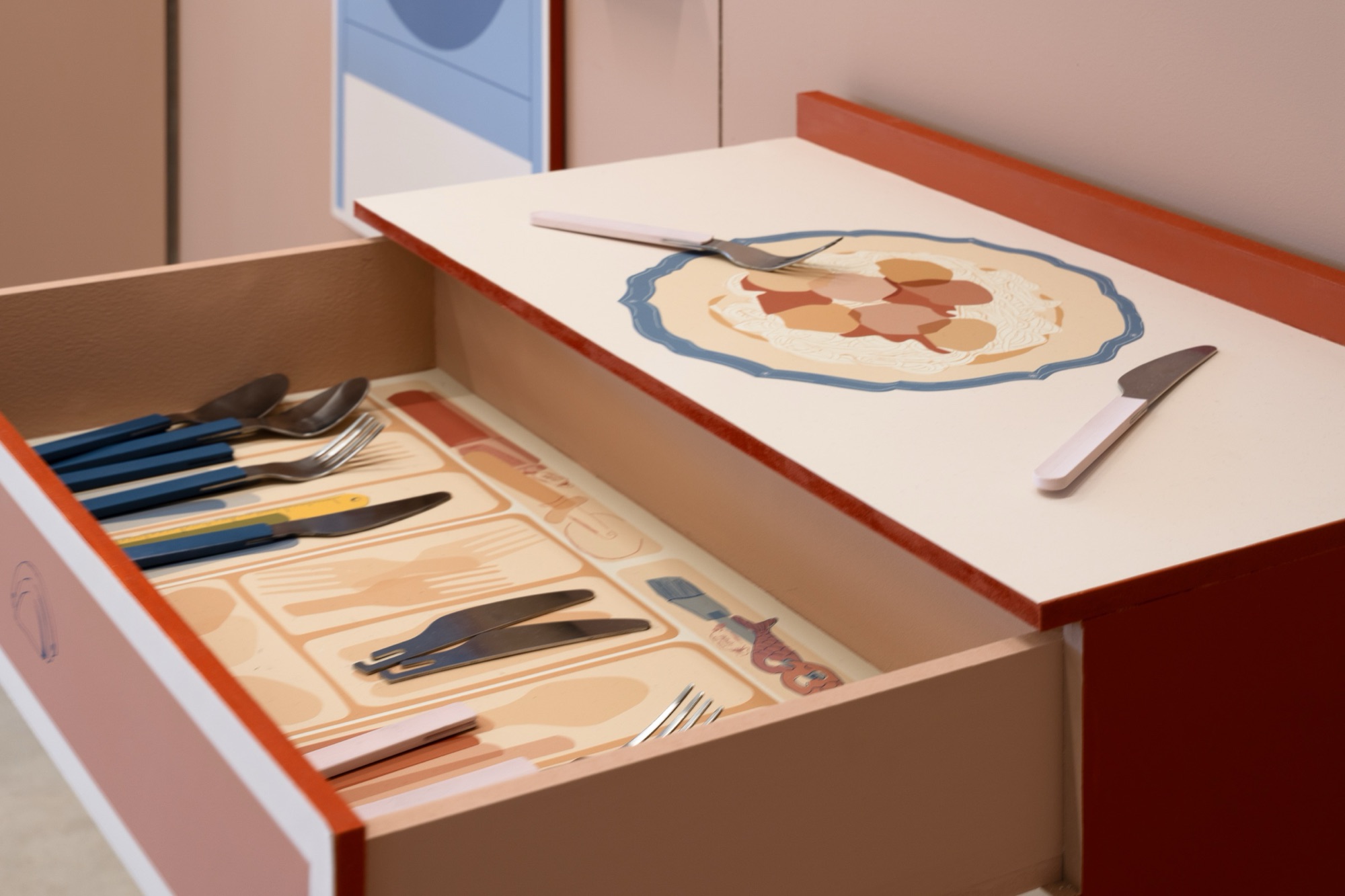Illustrated drawer, open